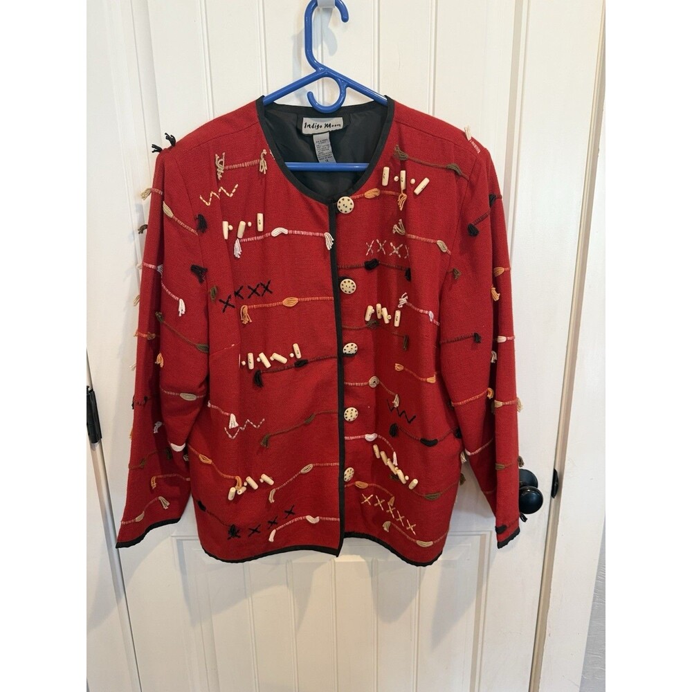 Indigo Moon Women’s 1X Red Embroidered Beaded Art Jacket Cotton Boho